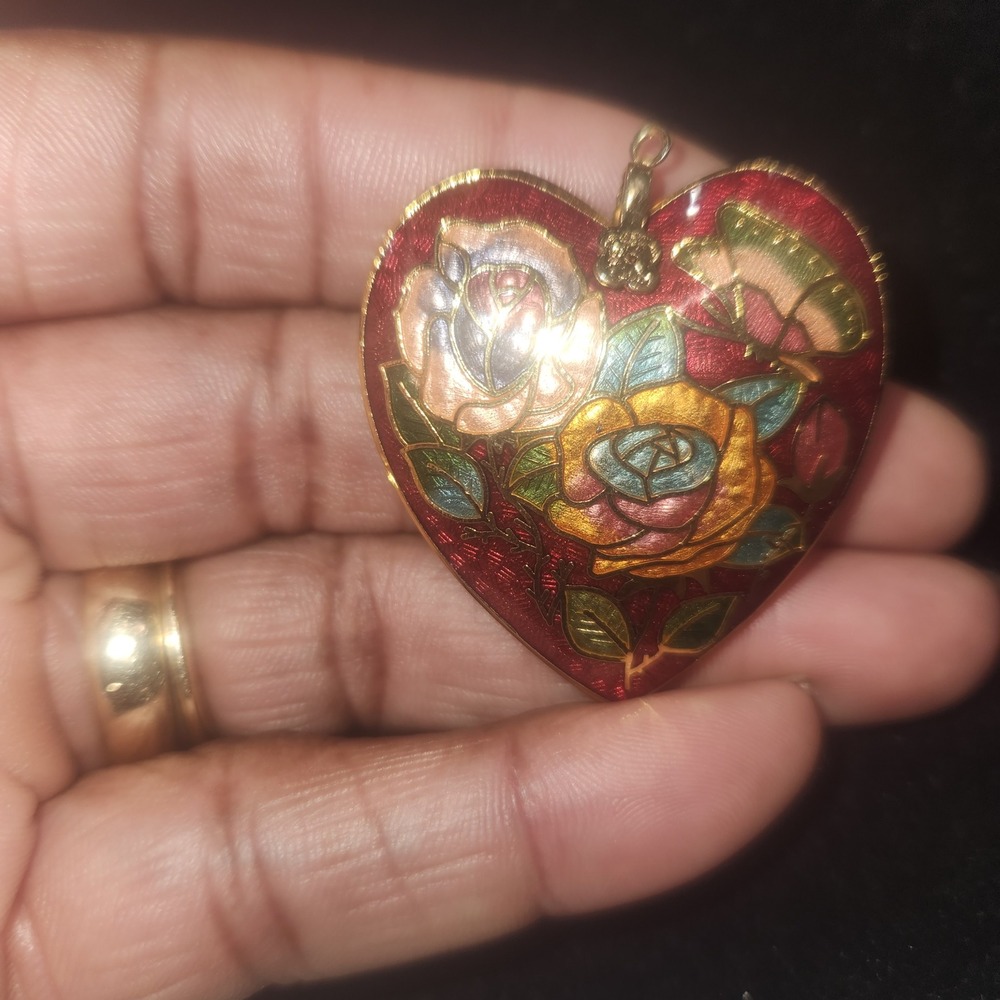 Vintage Enamel Heart Pendant Necklace Rose Floral Red Gold Tone Reversible